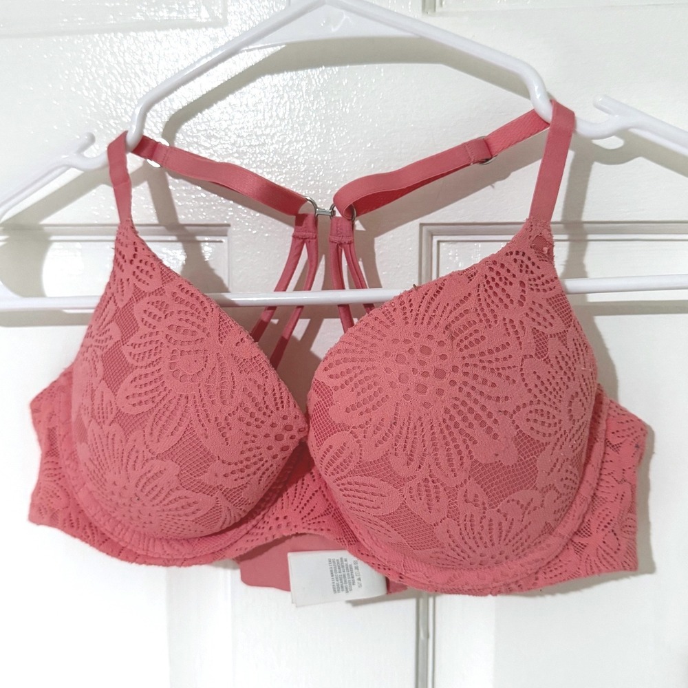 Aerie Sunnie Demi Bra 34B Coral Pink Floral Lace Multi Strap Racerback Cage Back